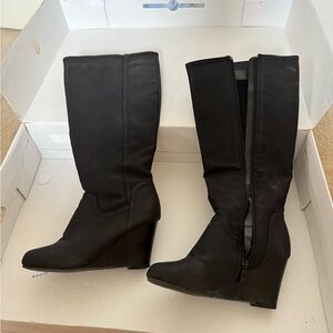 Avita Black Wedge Knee-High Boots